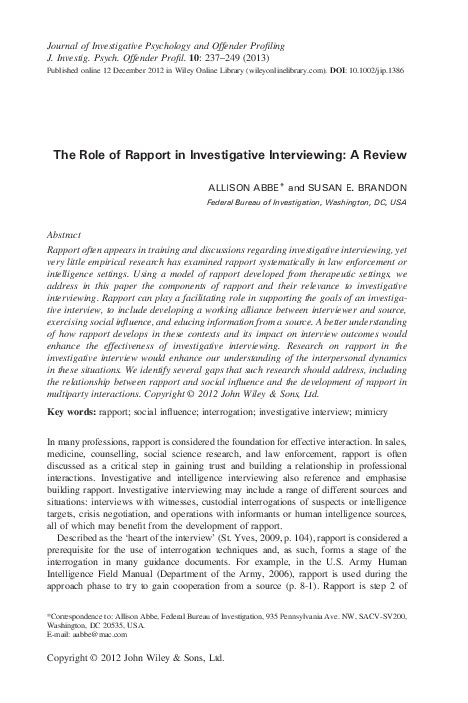 role  rapport  investigative interviewing  review