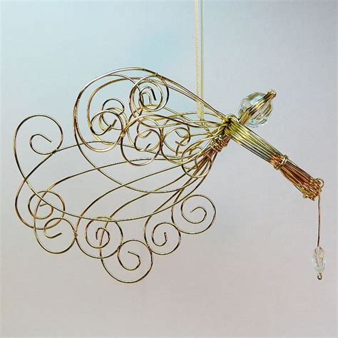 Wire Angel Christmas Ornament Hand Crafted With Clear Bead Heart Gold