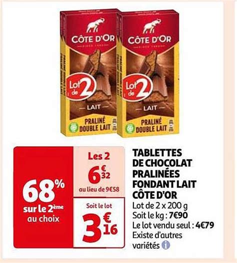 Promo Tablettes De Chocolat Pralin Es Fondant Lait C Te D Or Chez