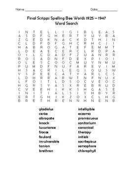 Final Scripps Spelling Bee Words 1925 - 1947 Word Search | TPT