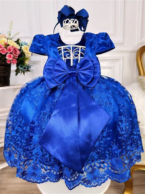 Vestido Infantil Azul Royal C Renda Realeza E P Rolas Rosa Charmosa