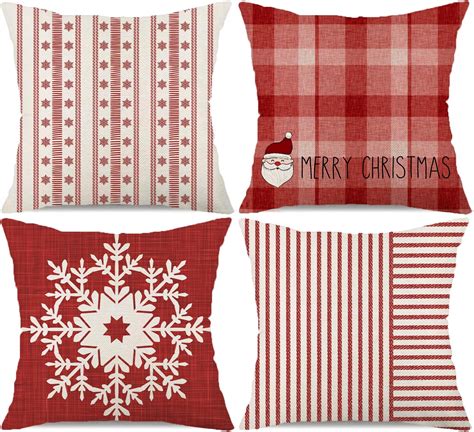 Juego De Fundas De Almohada Decorativas De Navidad A Rayas Rojas De