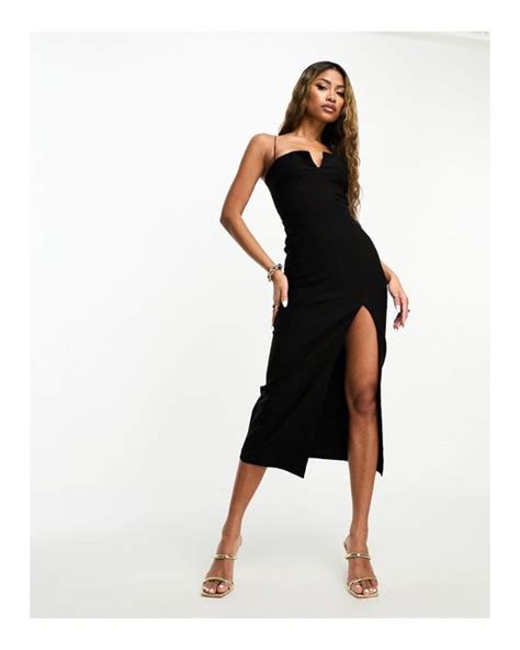 Vesper Notch Detail Cami Strap Thigh Split Midi Dress In Black Lyst