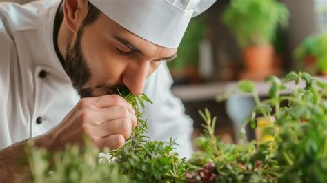 Chef oliendo hierbas frescas con atención y cuidado Foto Premium