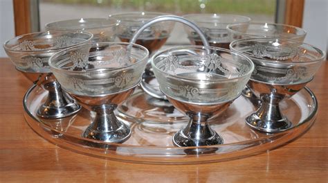 Antique Glass Serving Tray With 8 Chrome And Glass Ice Cream Etsy Uk