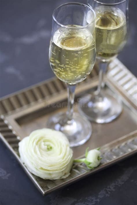 Champagne Glasses On Silver Tray Party And Holiday Celebration Stock Image Image Of Beverage