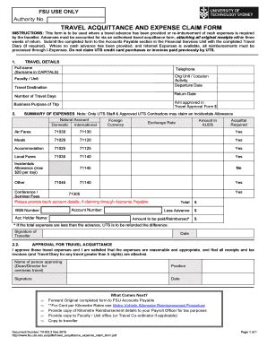 Fillable Online Travel Acquittance And Expense Claim Form Fsu Uts Edu