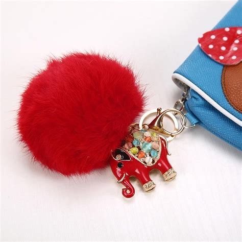 AutumnFall Rabbit Fur Ball Elephant Keychain Bag Plush Key Ring Car