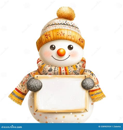 Happy Snowman Holding Blank Banner Isolated Stock Photo Illustration