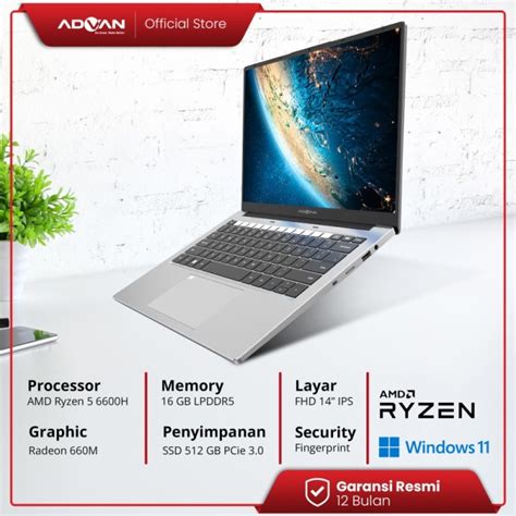 ADVAN Laptop Workplus AMD RYZEN 5 6600H 14 FHD IPS 16GB 512GB Win 11