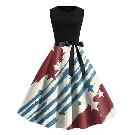 Womens Summer Round Neck Sleeveless America Flag Print Vintage Rockabilly Swing Dress Cocktail