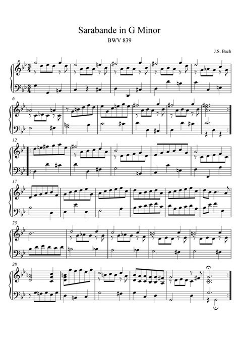 Bach Sarabande In G Minor Bwv 839 By Johann Sebastian Bach Piano Solo Digital Sheet Music