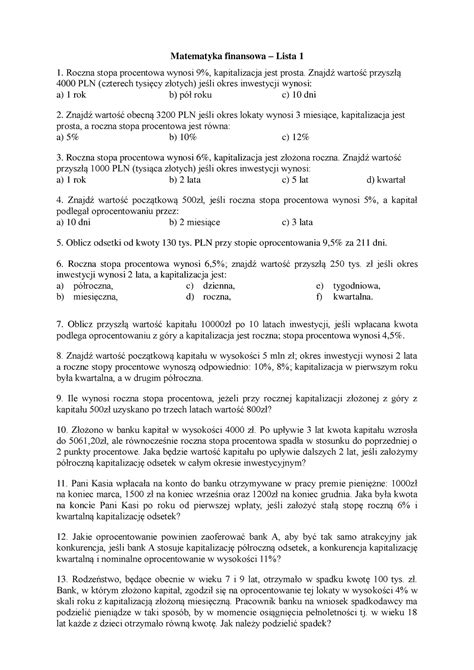 Lista 1 Matematyka Finansowa Lista 1 Roczna Stopa Procentowa Wynosi