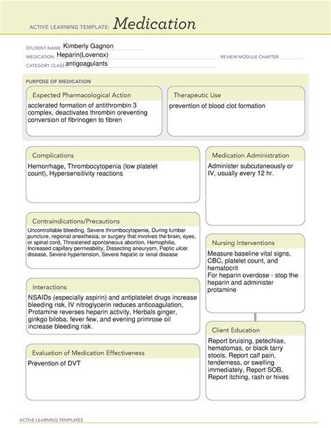 Heparin Ati Medication Template Active Learning Templates Medication