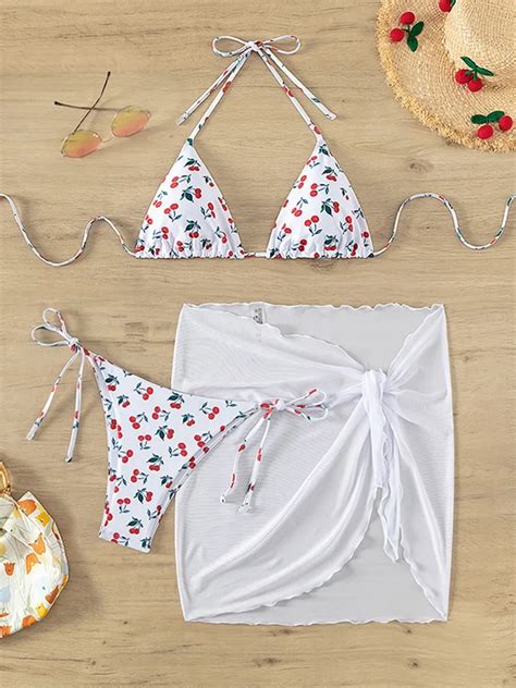 Bikini Con Estampado De Cerezas Para Mujer Traje De Ba O Femenino Conjunto De Bikini De