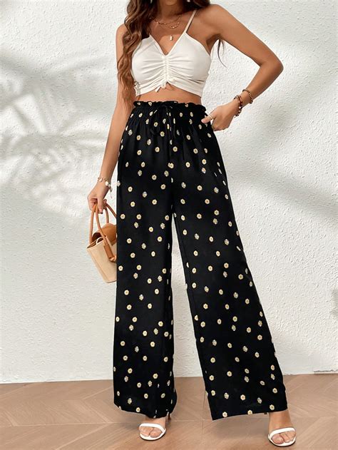 Shein Vcay Daisy Floral Print Paperbag Waist Wide Leg Pants Shein Usa