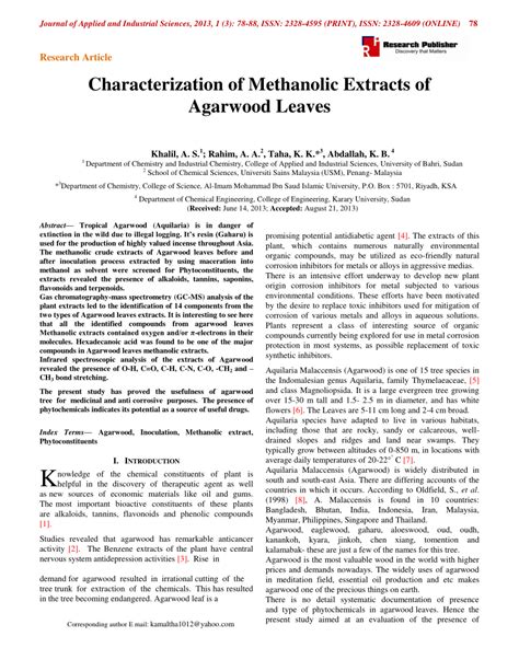 PDF Characterization Of Methanolic Extracts Of Agarwood Leaves