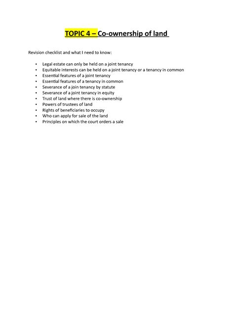 Topic 3 Adverse Possession Land Law Notes TOPIC 4 Co Ownership