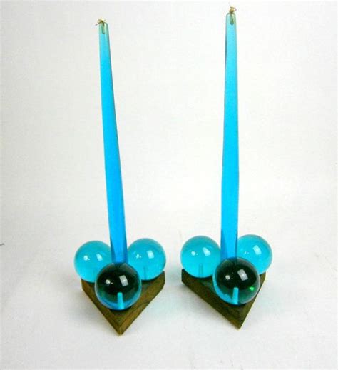 Retro Mid Century Blue Resin Lucite Balls And Wood Candlestick