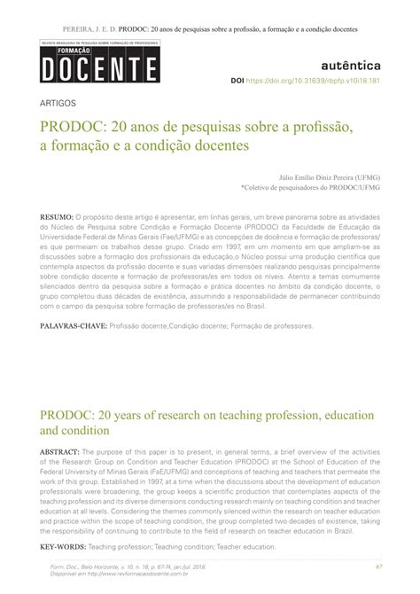 Pdf Prodoc Anos De Pesquisas Sobre A Profiss O A Forma O E A