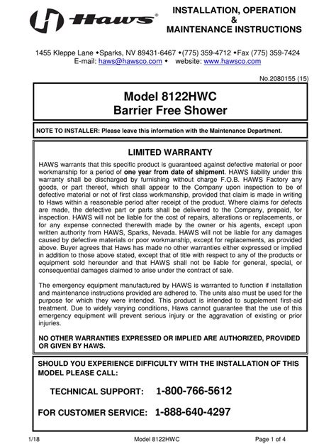 HAWS 8122HWC INSTALLATION OPERATION MAINTENANCE INSTRUCTIONS Pdf