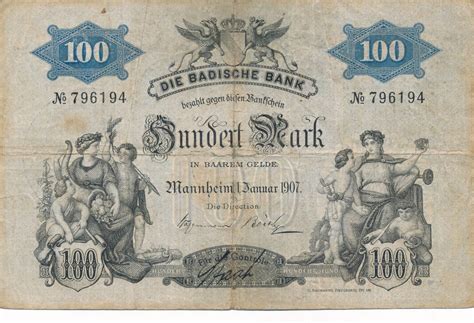 Deutsches Reich Deutschland 100 Mark Länderbanknote 1907 Badische Bank