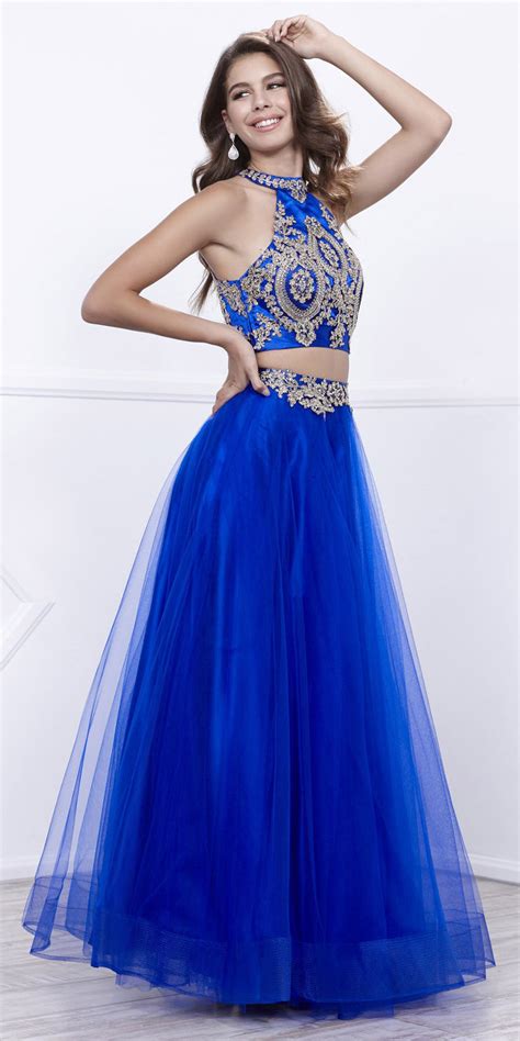 Royal Bluegold Embellished Halter Two Piece Prom Dress Long