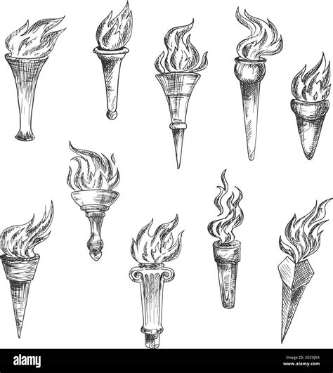 Sketches Of Flaming Torches With Conical Handles And Broad Cups