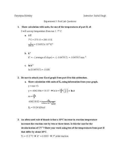 Experiment 5 Post Lab Chem 1032 Lab 5 Post Lab Questions Grade 66 Chrystyna Biletsky