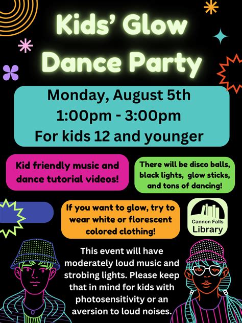 Kids Glow Dance Party August 5th Cannon Falls Library