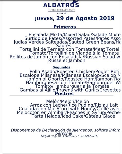 Menu Del Dia De Agosto En Hotel Arha Albatros Suances Arha Hoteles