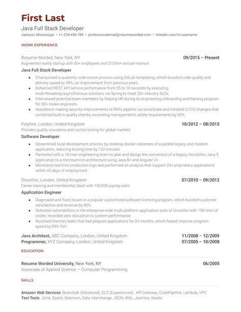 Full Stack Developer Resume Example For Rezi Ai Off