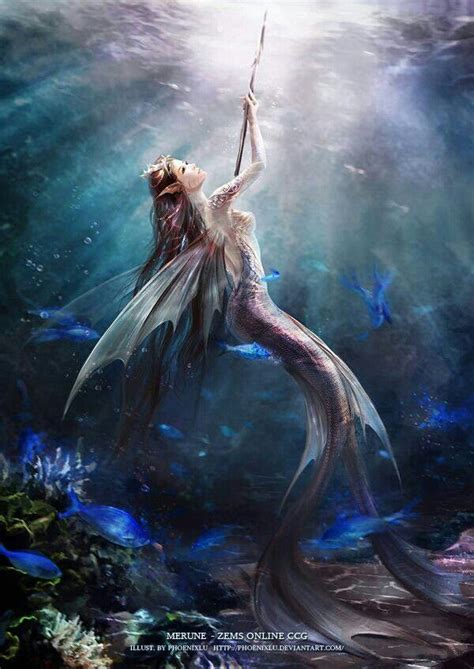 A Mermaid With Long Hair Holding A Spear In Her Hand While Swimming