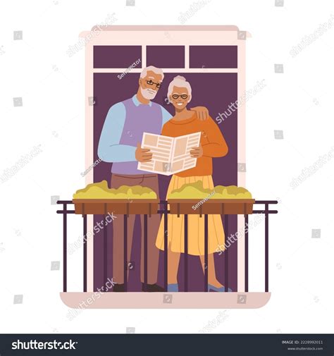 Grandmother Grandfather Reading Newspaper Standing On Stock Vector