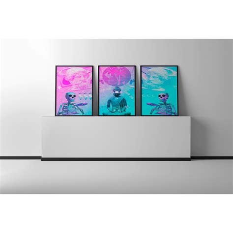 Kit Quadros Decorativos Estética Vaporwave Decoração 3 Peças Esqueletos