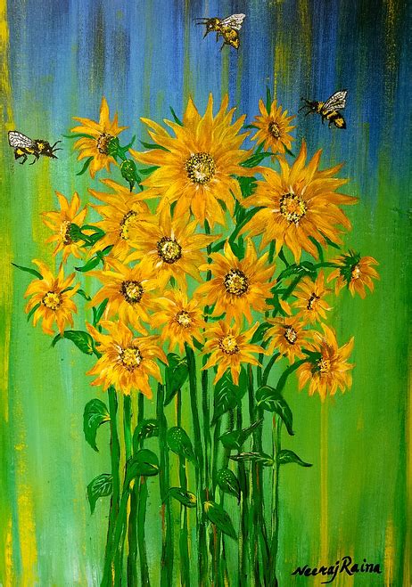 Buy Bumble Bee And Their Sunflower Inspiration Story Handmade Painting by NEERAJ RAINA. Code:ART ...