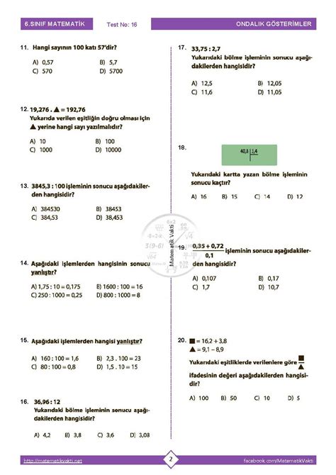 S N F Ondal K Fadelerle Arpma Ve B Lme Lemi Testi Matematik Vakti