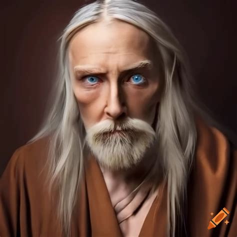 Portrait Of A Mature Magician With Blue Eyes And Long Gray Blond Hair