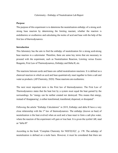 Calorimetry Lab Report Calorimetry Enthalpy Of Neutralization Lab
