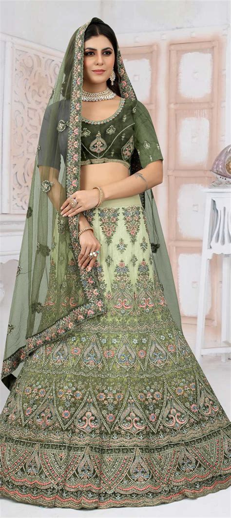 Festive Reception Wedding Green Color Net Fabric Lehenga