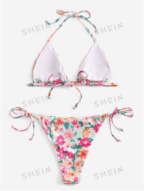 SHEIN Swim Mod Conjunto De Bikini Acanalado Floral Halter Triangle Bra