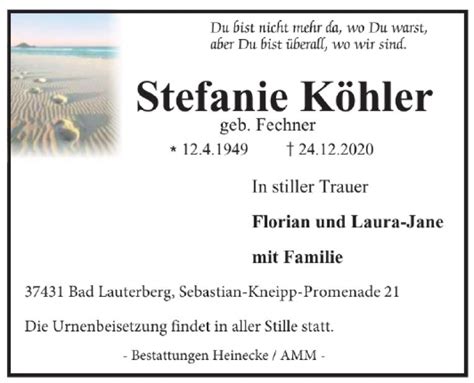 Traueranzeigen von Stefanie Köhler trauer38 de