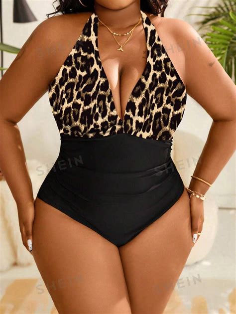 Shein Swim Vcay Plus Size Leopard Print Vacation Halter One Piece