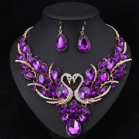 Purple Necklace Purple Earrings New Trend Double Swan Jewelry Set Prom Party Statement Necklace