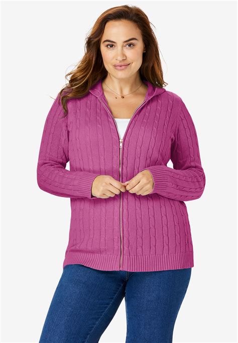 Hooded Cable Knit Zip Front Cardigan Plus Size Tops Woman Within