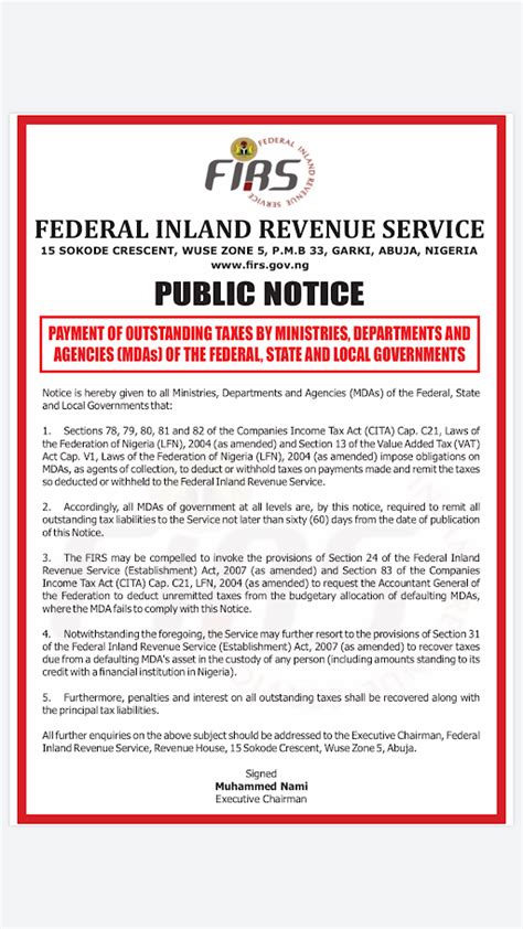 Firs Public Notice Payment Of Outstanding Taxes By Federal State Lga Mdas Daily Post Nigeria