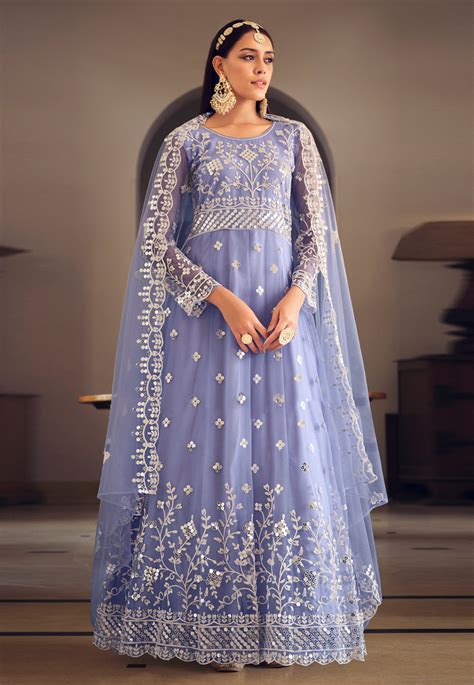 Light Blue Net Embroidered Long Anarkali Suit 271360