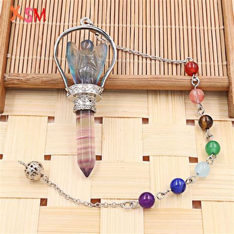 Colgante de péndulo con cadena de 7 Chakras piedra Natural fluorita