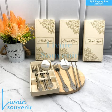 Jual Souvenir Sendok Garpu Sumpit Stainless Wayang Tulip Full Box