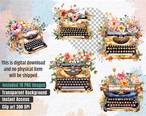Luxury Gold Typewriter Clipart Watercolor Digital Art Watercolor